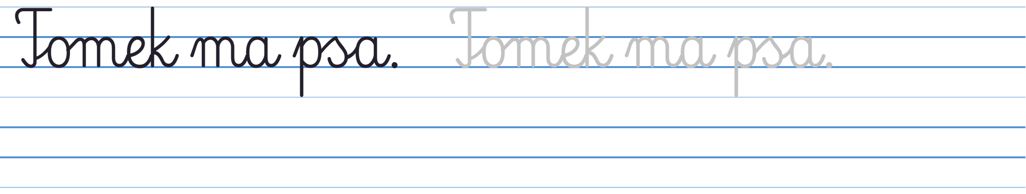 Wzór pisma: Tomek ma psa. w liniaturze w trzy linie