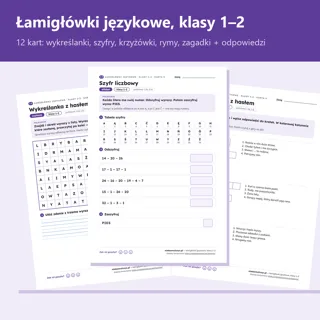 Pierwsza strona: Łamigłówki językowe, klasy 1–2 — 12 kart pracy z kluczem