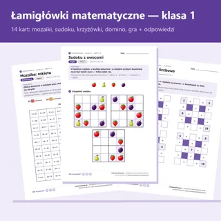 Pierwsza strona: Łamigłówki matematyczne, klasa 1 — 14 kart pracy z kluczem