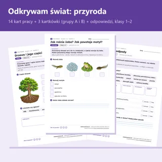Pierwsza strona: Odkrywam świat: przyroda, kl. 1–2 — 14 kart pracy i 3 kartkówki
