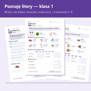 Pierwsza strona: Poznaję litery, klasa 1 — 88 kart pracy i 8 kartkówek, cały alfabet
