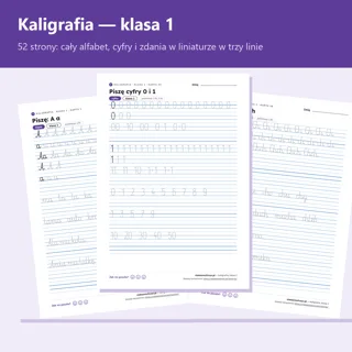 Pierwsza strona: Kaligrafia, klasa 1 — zeszyt do nauki pisania, 54 strony