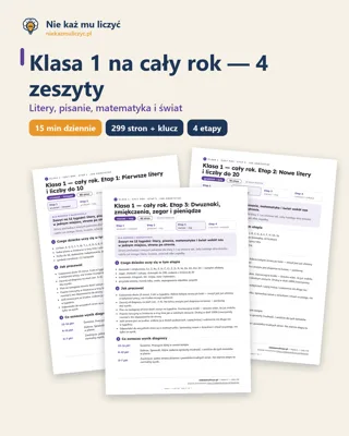 Pierwsza strona: Klasa 1 na cały rok — 4 zeszyty PDF z kluczem, 15 minut dziennie