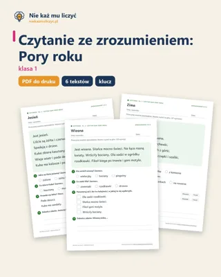 Pierwsza strona: Czytanie ze zrozumieniem kl. 1: Pory roku, 6 tekstów PDF