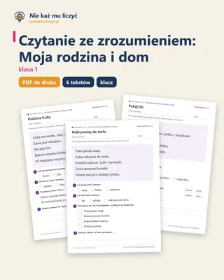 Pierwsza strona: Czytanie ze zrozumieniem kl. 1: Moja rodzina i dom, 6 tekstów PDF
