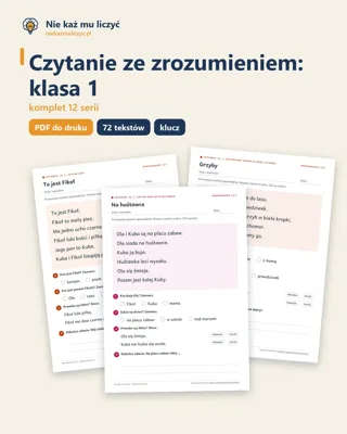 Pierwsza strona: Czytanie ze zrozumieniem, klasa 1 — komplet 12 serii PDF z kluczem